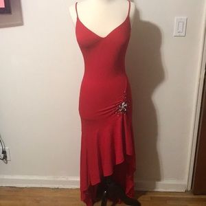 Red asymmetrical Jovani dress with crystal detail